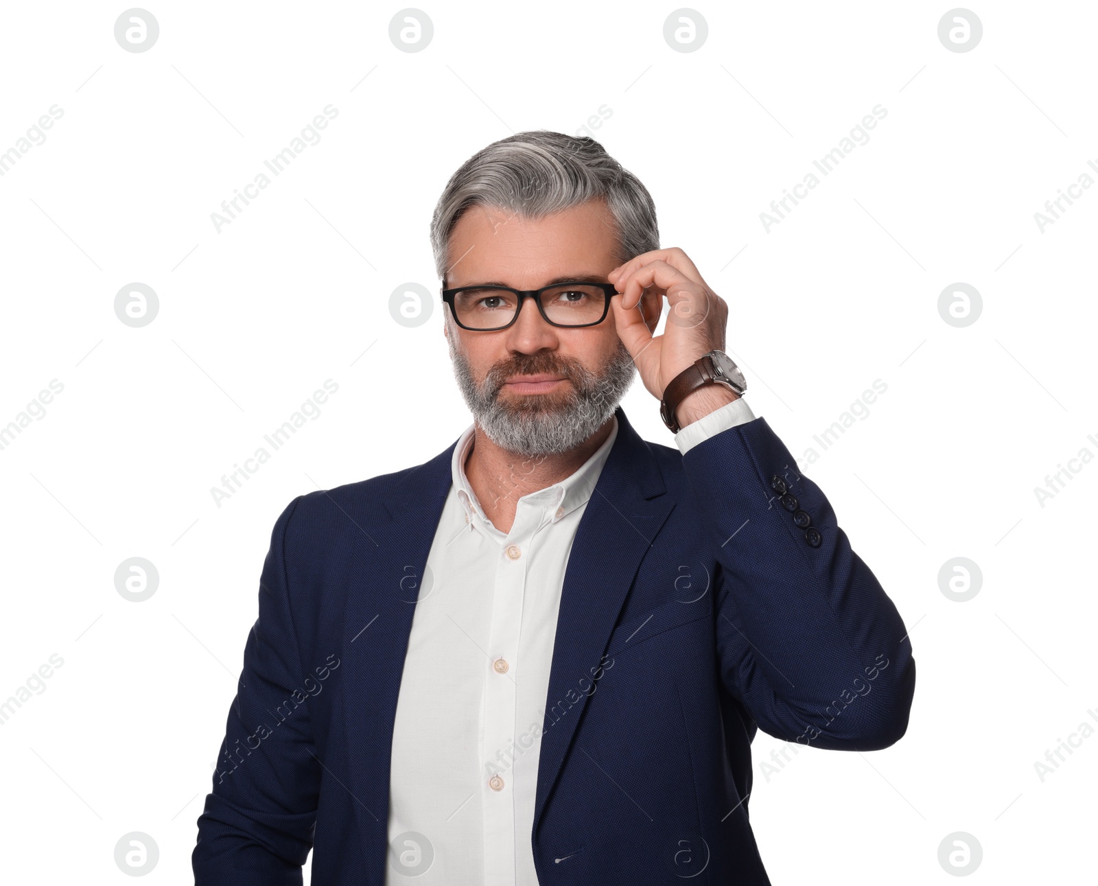 Photo of Portrait of serious man in glasses on white background. Lawyer, businessman, accountant or manager