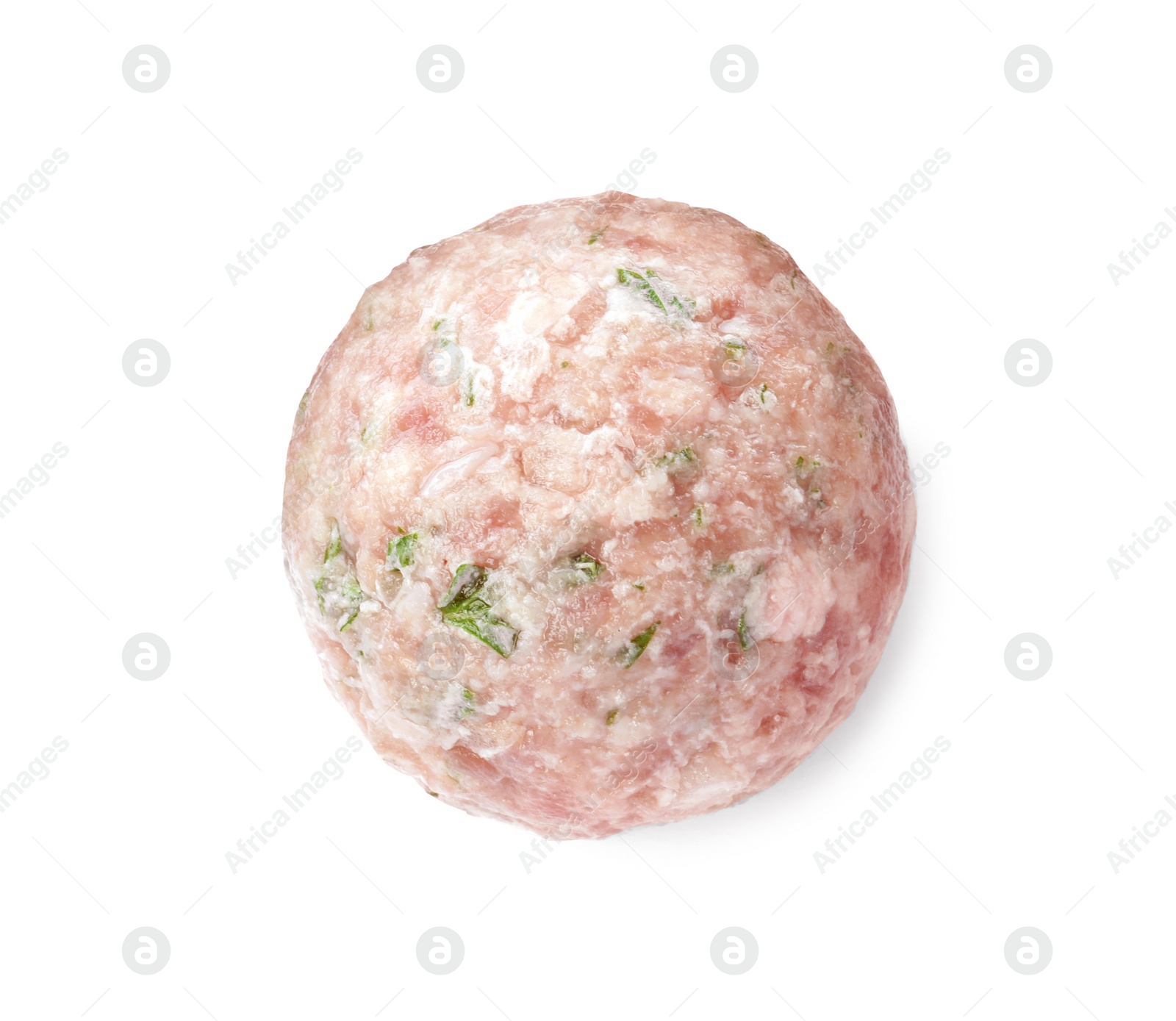 Photo of One fresh raw meatball isolated on white, top view