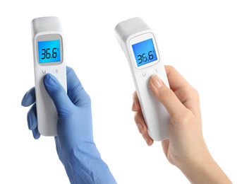 Image of People with infrared thermometers on white background, collage. Checking temperature during Covid-19 pandemic
