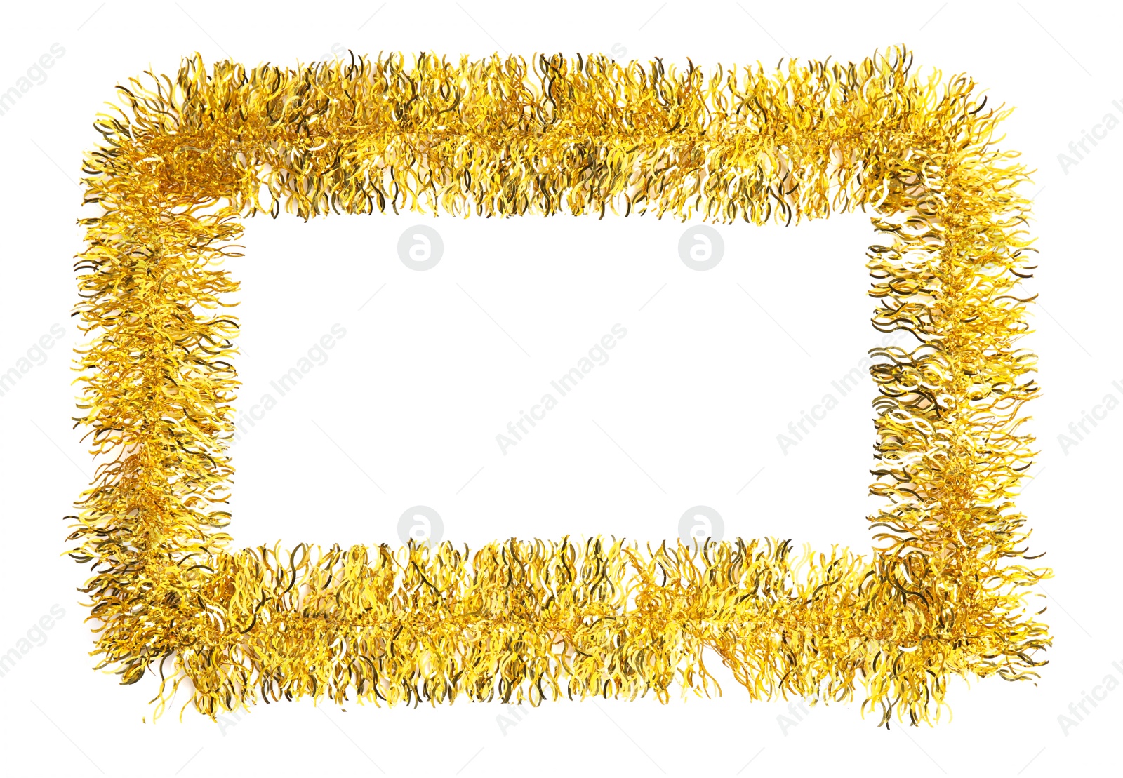 Photo of Frame of shiny golden tinsel on white background, top view. Space for text