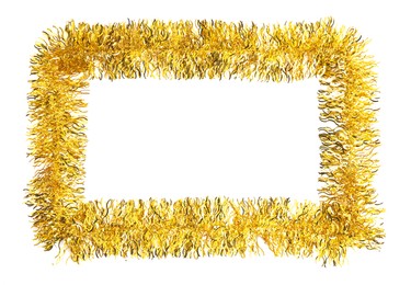 Photo of Frame of shiny golden tinsel on white background, top view. Space for text