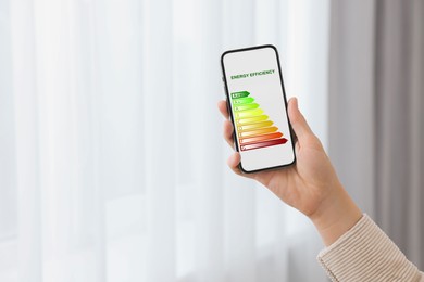 Energy efficiency. Woman using smartphone with colorful rating on display indoors, closeup