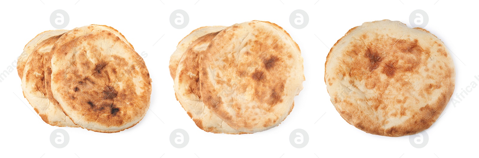 Image of Set with tasty pitas on white background, top view. Banner design