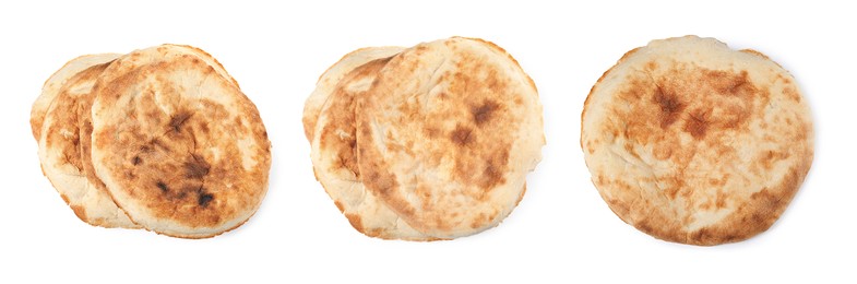 Image of Set with tasty pitas on white background, top view. Banner design