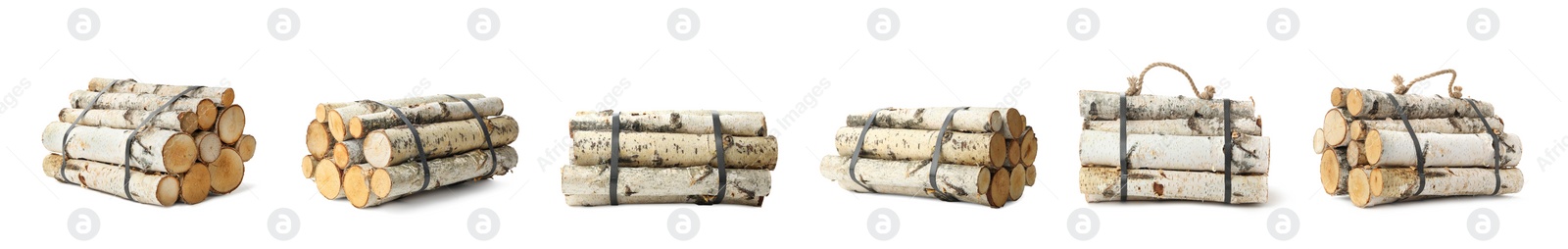 Image of Set of cut firewood bunches on white background. Banner design