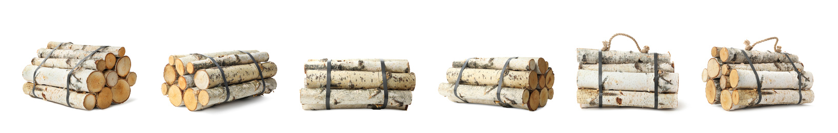 Image of Set of cut firewood bunches on white background. Banner design