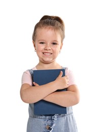 Cute little girl with book on white background