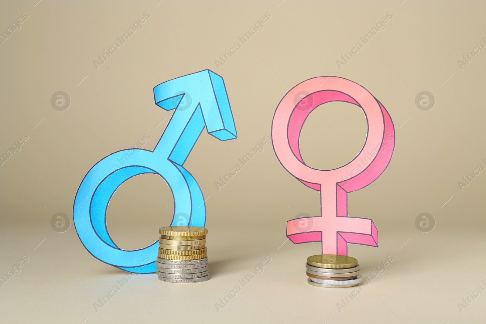 Photo of Gender pay gap. Male and female symbols near piles of coins on beige background