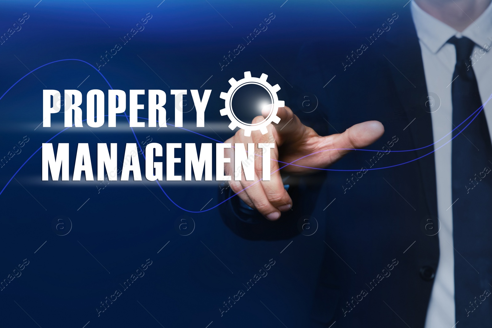 Image of Property management concept. Man using virtual screen with gear icon, closeup