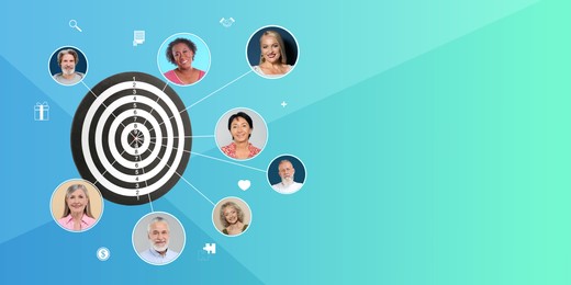 Image of Target audience. Dartboard linked with photos of potential clients and icons on gradient color background, space for text. Banner design