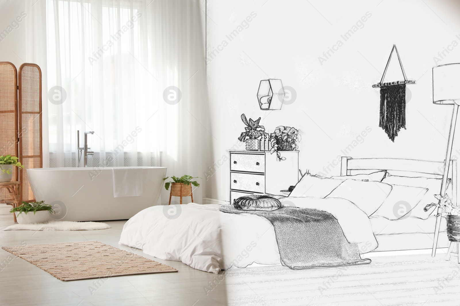 Image of From idea to realization. Cozy apartment interior with combined bathroom and sleeping areas. Collage of photo and sketch