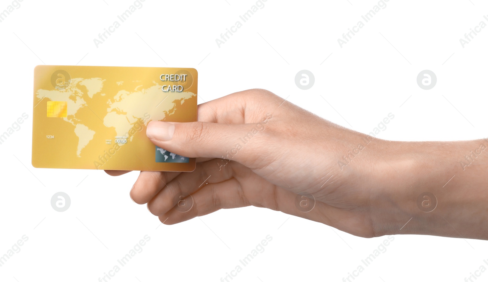 Photo of Woman holding credit card on white background