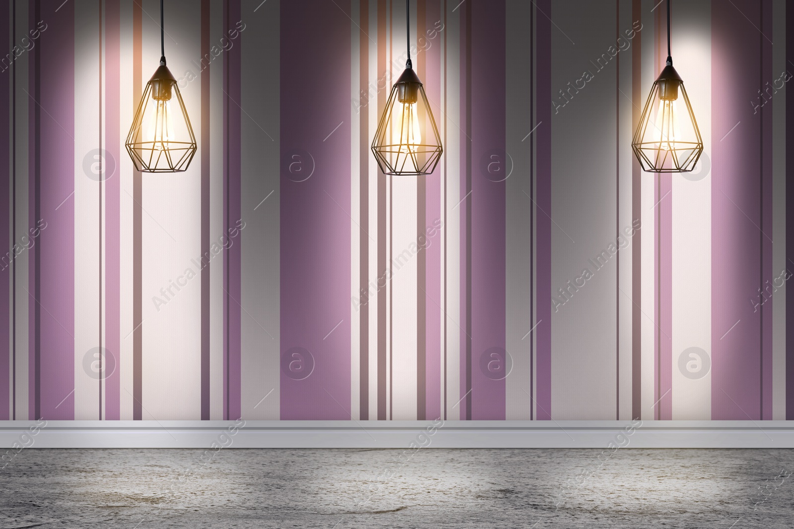 Image of Striped wallpaper and glowing hanging lamps in room