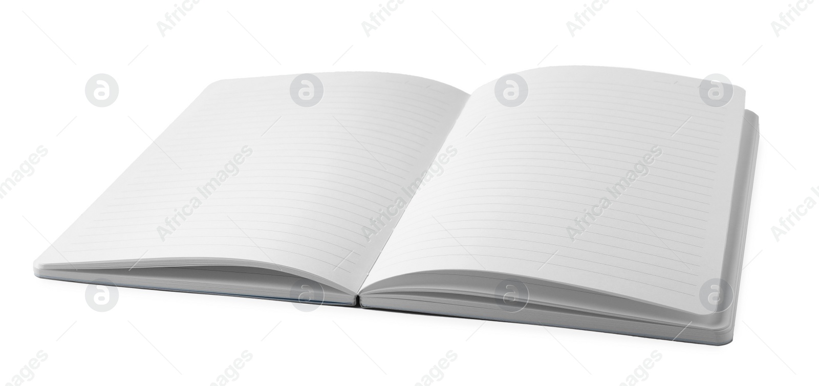 Photo of Stylish open notebook with blank sheets isolated on white