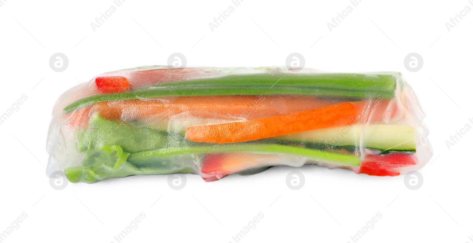Photo of Vegetarian spring roll wrapped in rice paper isolated on white, top view