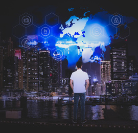 Image of Young businessman and network scheme with world map against cityscape. Cloud technology 