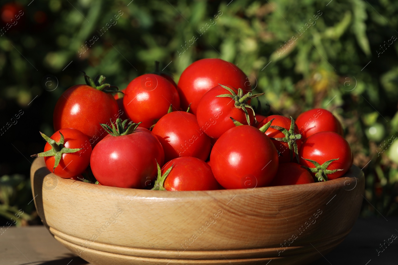 Photo of Bowl of ripe tomatoes on wooden table outdoors, closeup