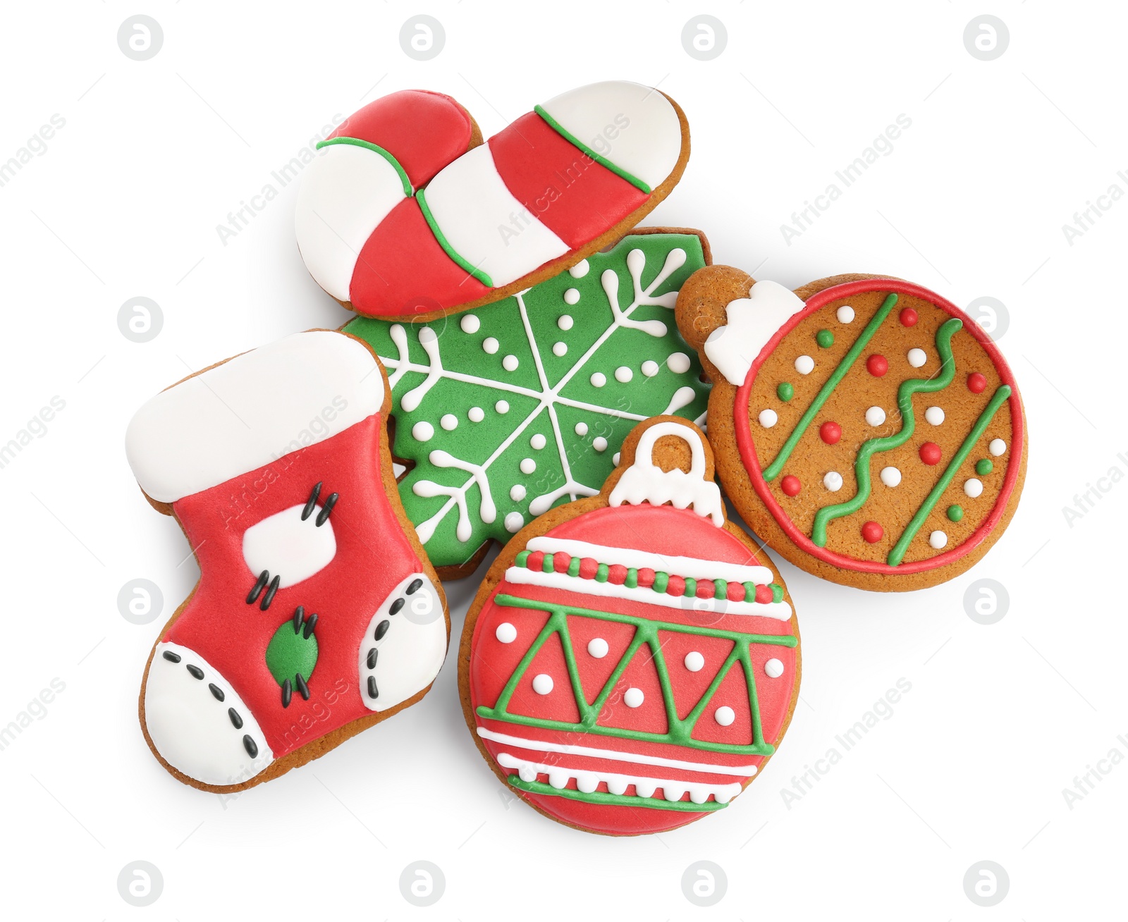 Photo of Different tasty Christmas cookies isolated on white, top view