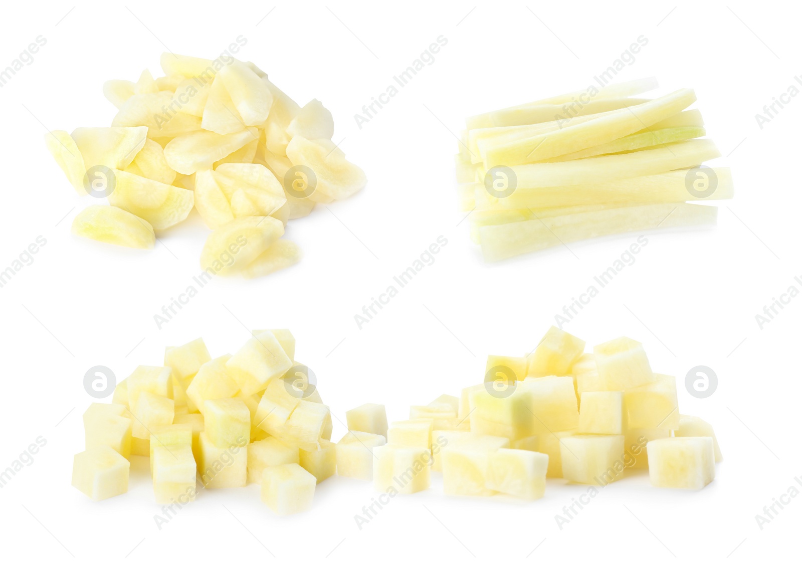 Image of Set of carrot pieces on white background