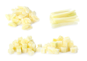 Image of Set of carrot pieces on white background