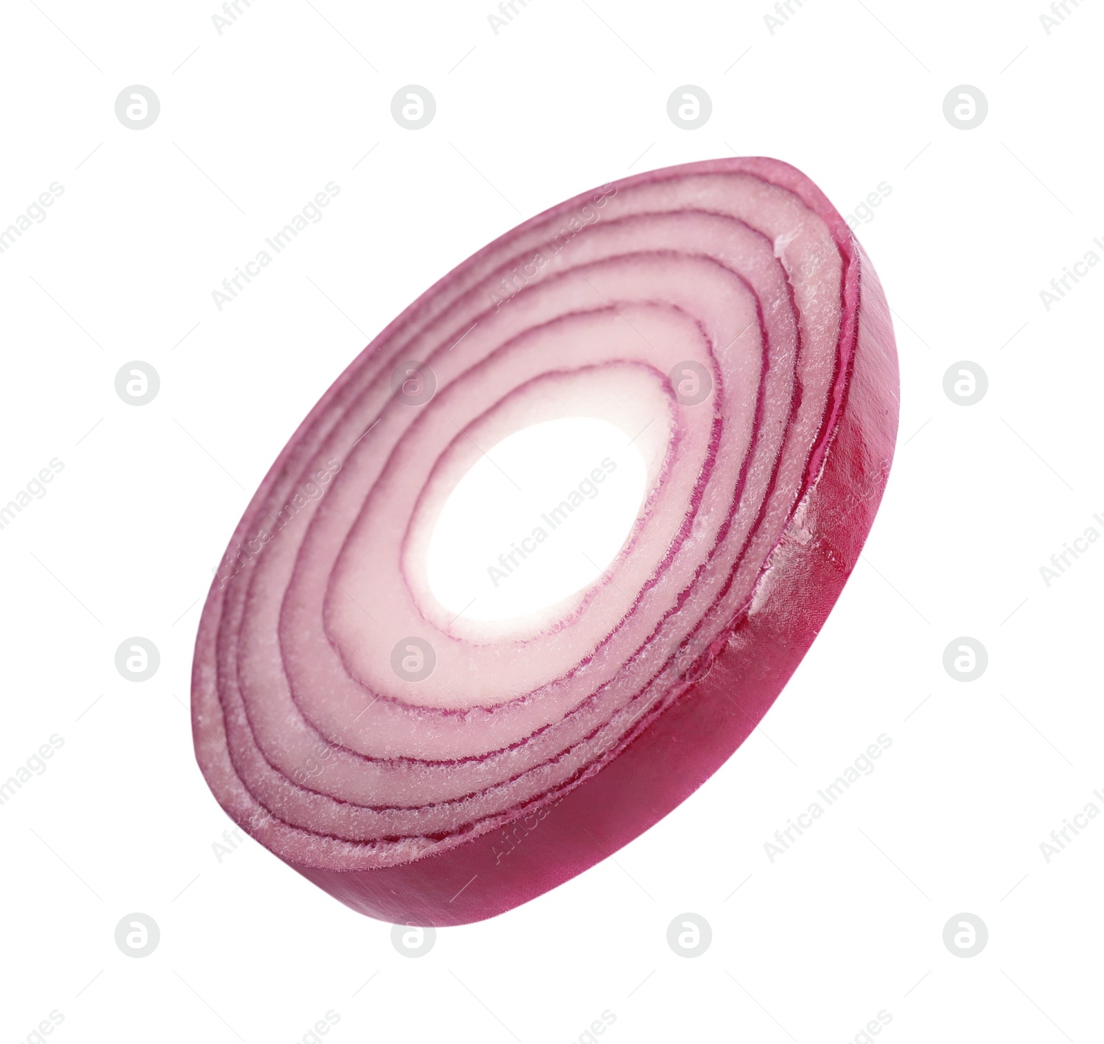 Photo of Fresh slice of red onion on white background