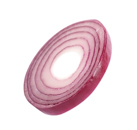 Photo of Fresh slice of red onion on white background