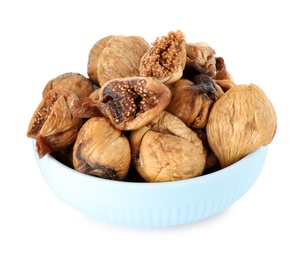 Bowl of dried figs on white background
