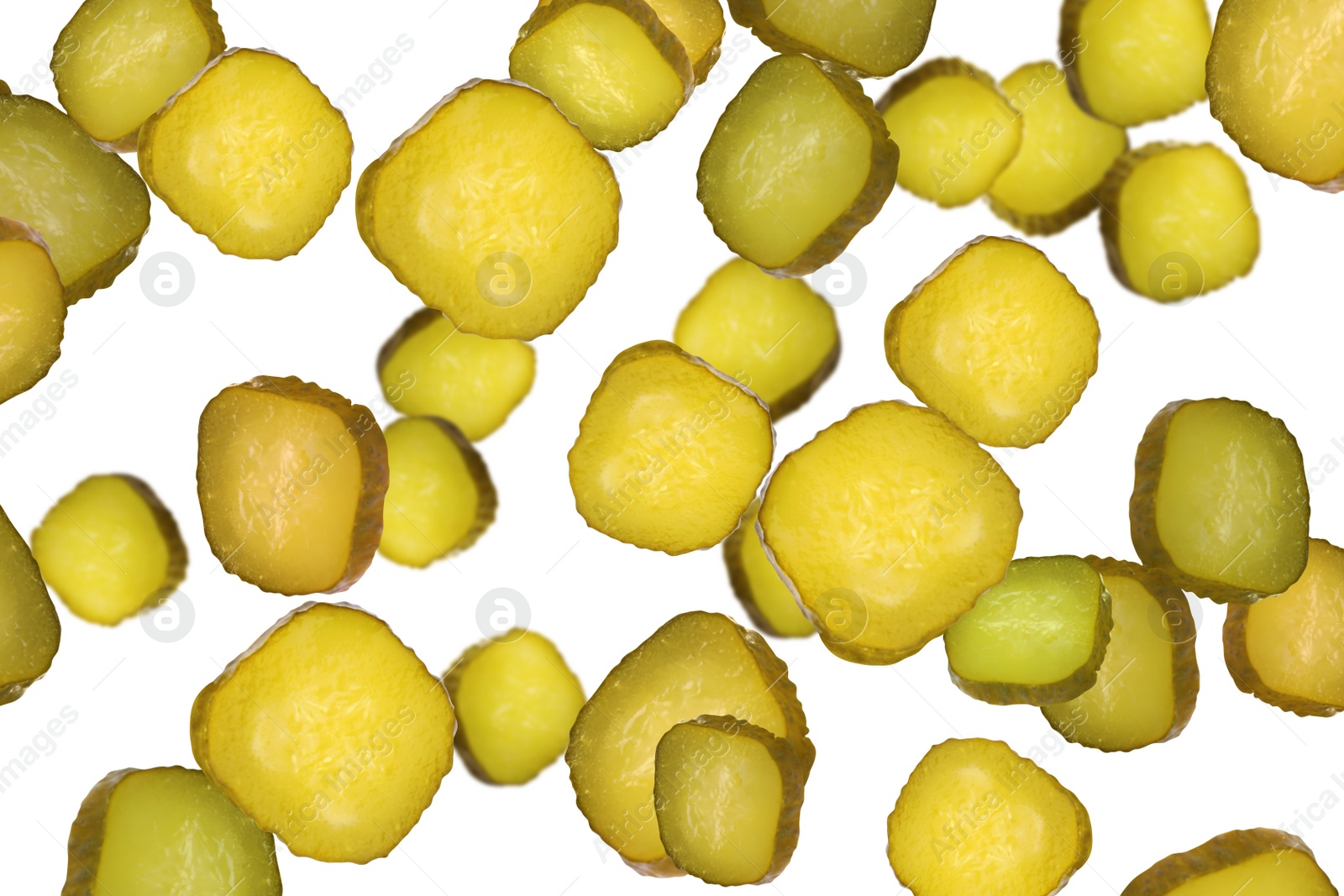 Image of Slices of tasty pickled cucumbers falling on white background