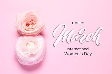 Image of 8 March - Happy International Women's Day. Greeting card design with flowers on pink background, top view