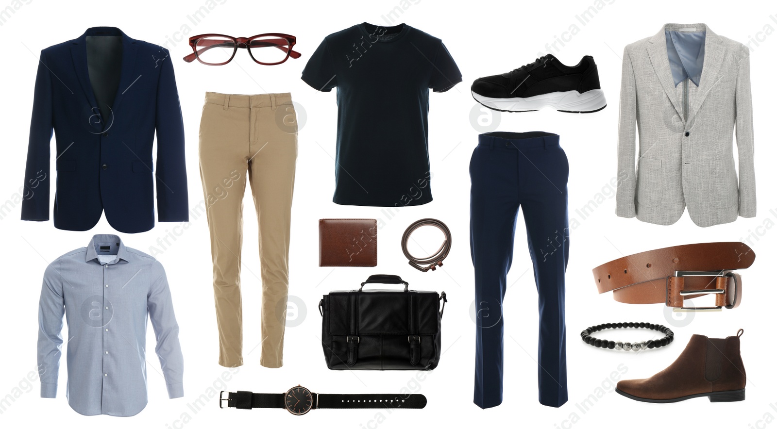 Image of Collection of stylish outfit on white background