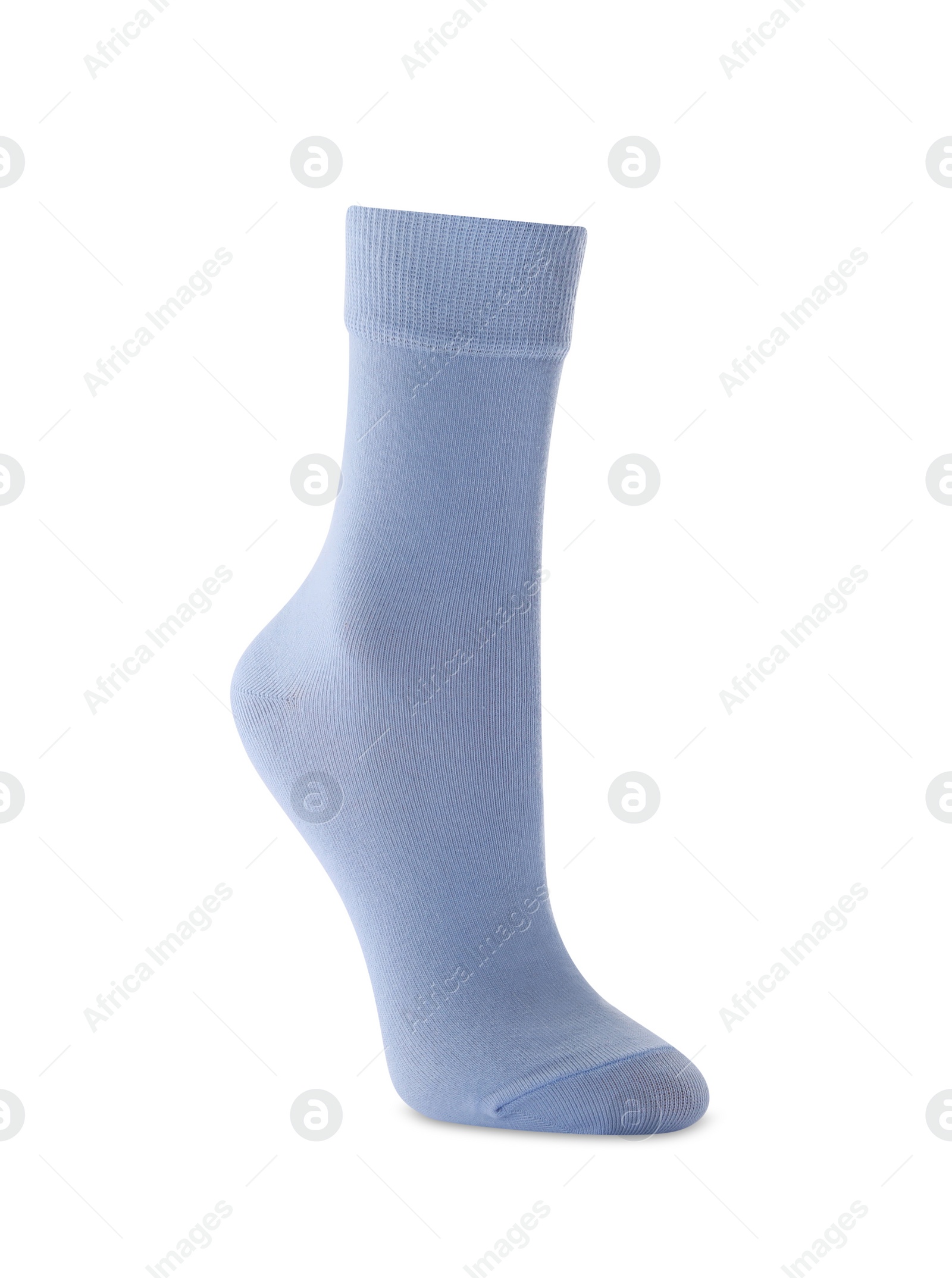 Photo of New light blue sock isolated on white. Footwear accessory