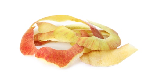 Photo of Apple peel on white background. Composting of organic waste