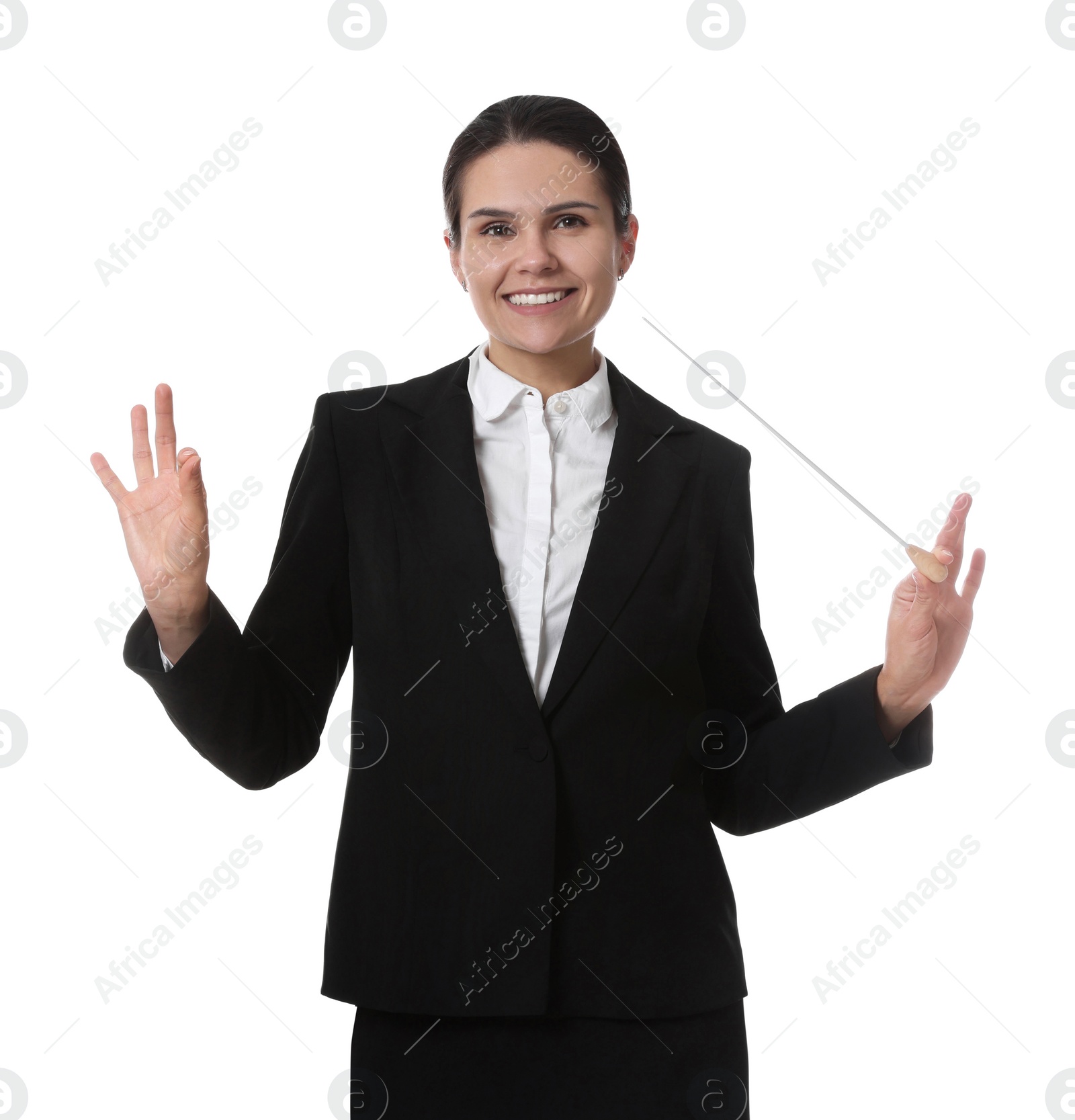 Photo of Happy young conductor with baton on white background