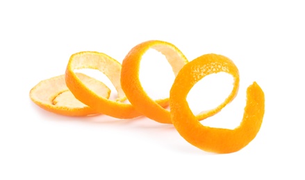 Photo of Peel of ripe tangerine on white background