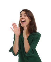 Special promotion. Young woman shouting to announce information on white background