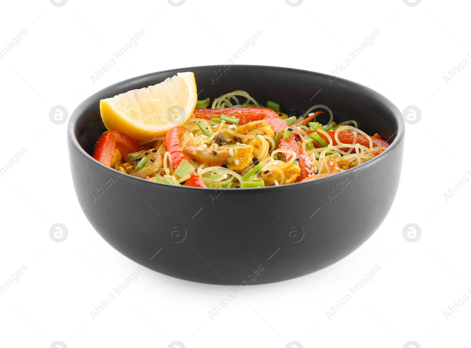 Photo of Stir-fry. Delicious cooked noodles with chicken and vegetables in bowl isolated on white