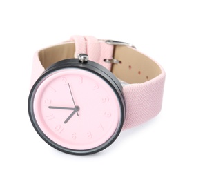 Photo of Stylish wrist watch on white background. Fashion accessory