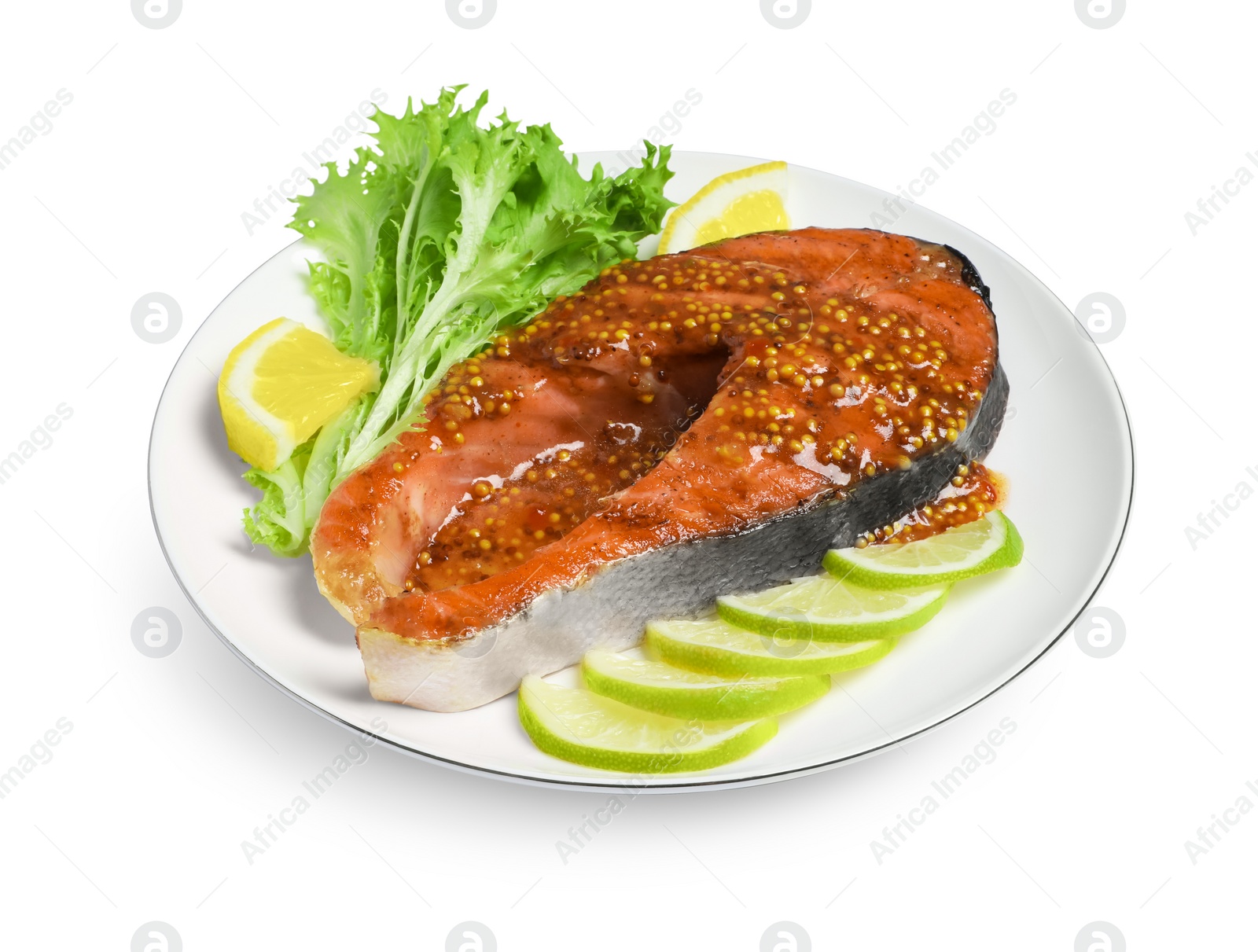 Photo of Tasty salmon steak with sauce, citrus slices and lettuce on white background