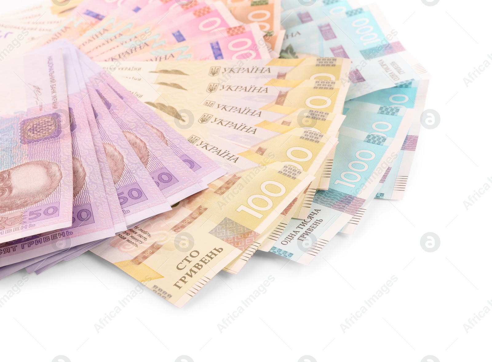 Photo of Ukrainian money on white background. National currency