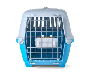 Light blue pet carrier with bowl of dry food isolated on white