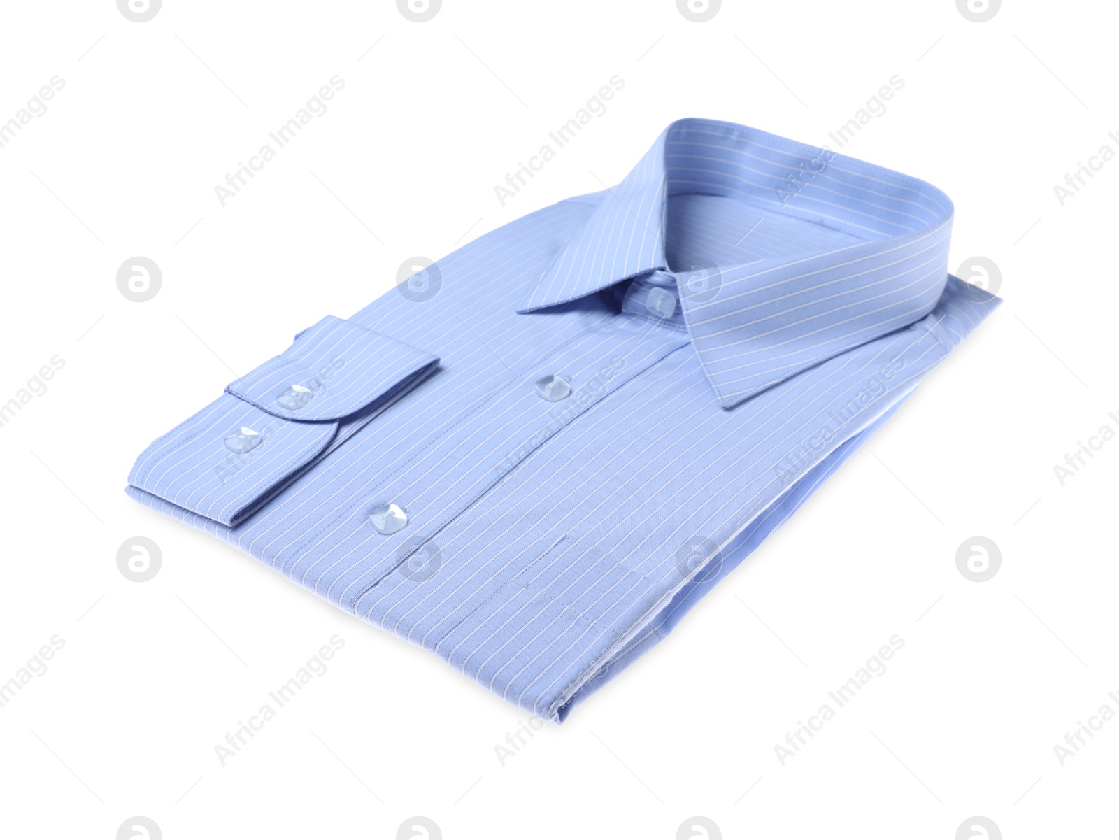 Photo of Stylish light blue shirt isolated on white. Dry-cleaning service