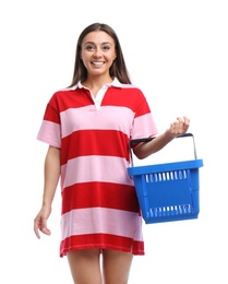 Photo of Young woman with empty shopping basket isolated on white