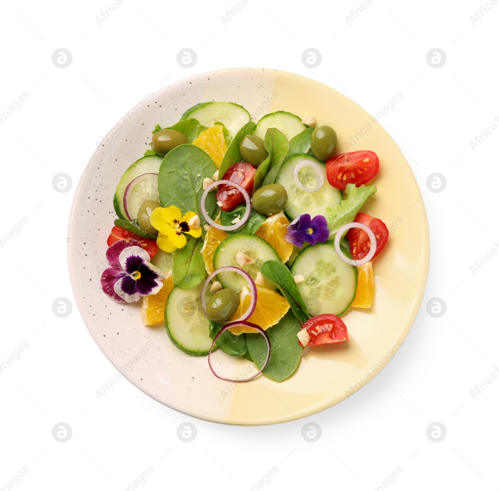 Photo of Delicious salad with orange, spinach, olives and vegetables isolated on white, top view
