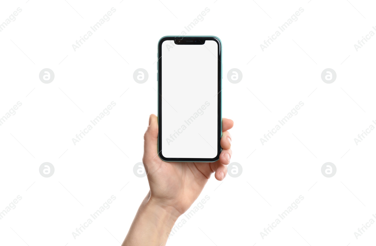 Photo of MYKOLAIV, UKRAINE - JULY 07, 2020: Woman holding iPhone 11 on white background, closeup. Mockup for design