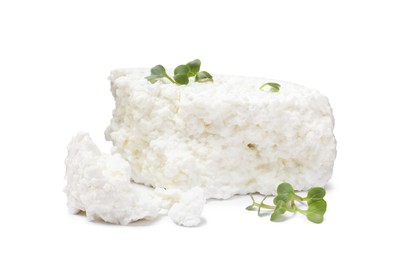 Photo of Fresh cottage cheese with microgreens isolated on white