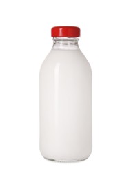 Photo of Bottle of tasty milk isolated on white