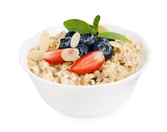 Photo of Tasty oatmeal with strawberries, blueberries and almond flakes in bowl isolated on white