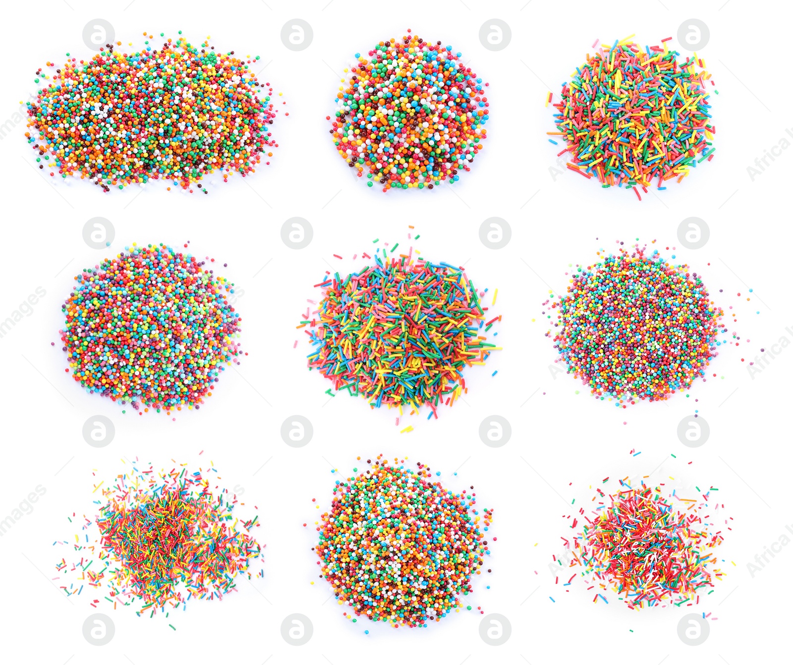 Image of Set with colorful sprinkles on white background, top view. Confectionery decor