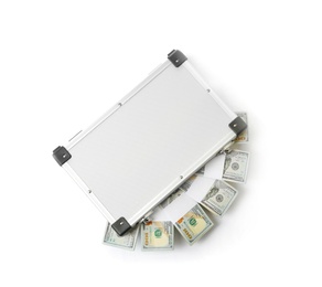 Photo of Hard case full of money on white background, top view