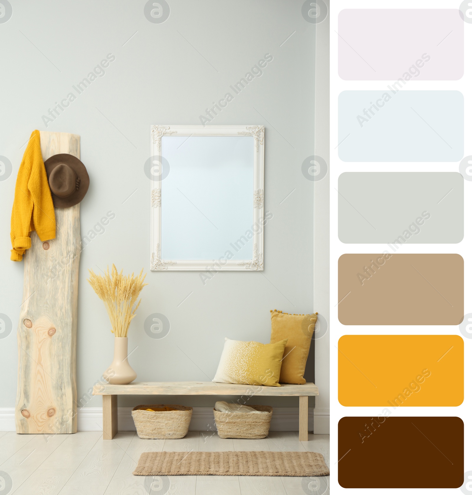 Image of Color palette and photo of hallway interior. Collage